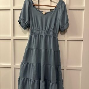 Romantic Boho dusty blue smocked waist tiered Midi dress puff sleeves